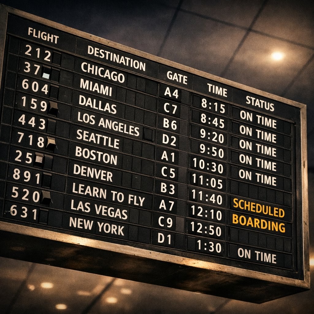 Vintage split-flap airport departure board with destinations and times.