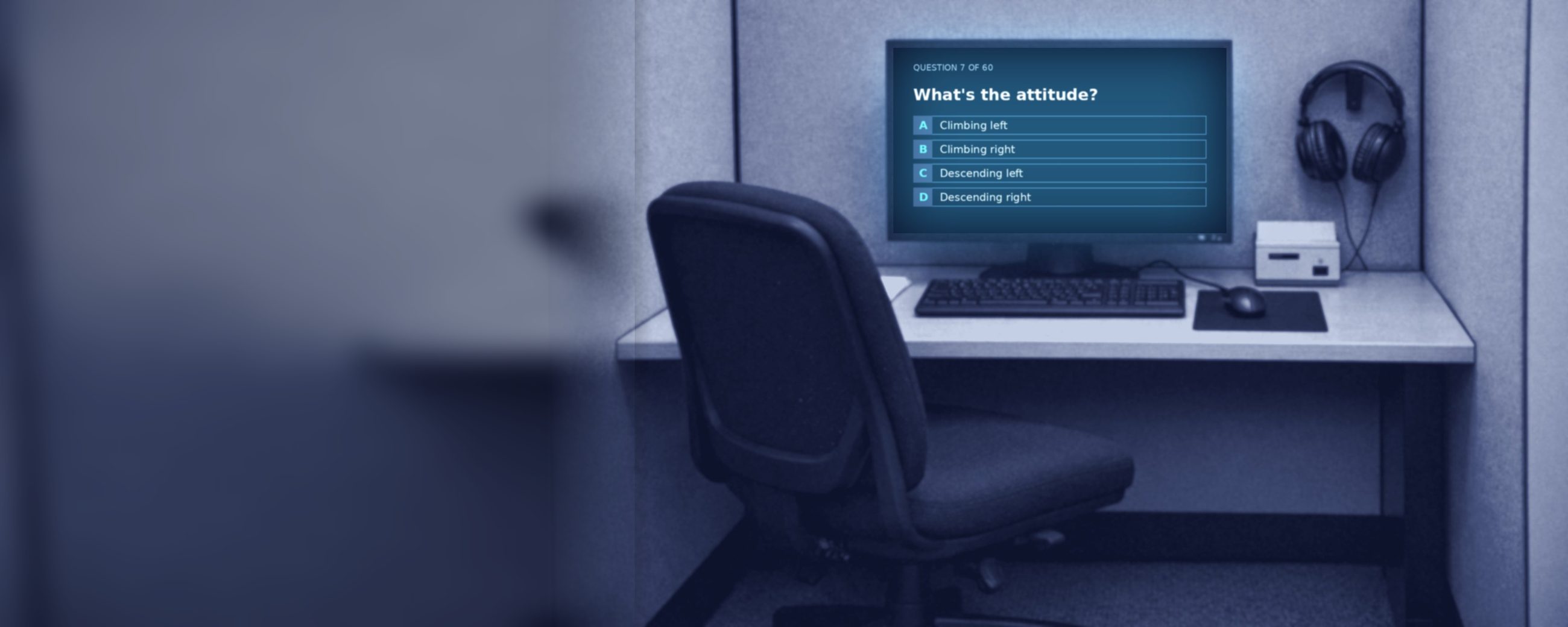 A testing-center carrel with an empty chair, the screen showing a multiple-choice question with answers A through D.