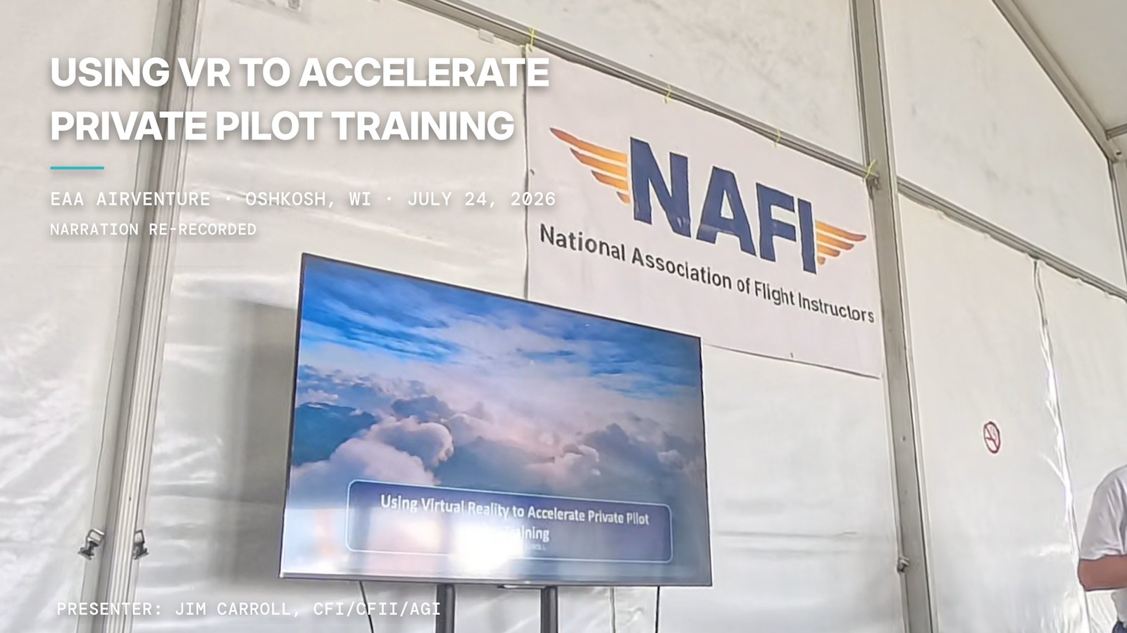 The talk set up under the NAFI tent at EAA AirVenture, a National Association of Flight Instructors banner behind the presentation screen.